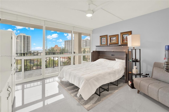 tiled bedroom featuring floor to ceiling windows, access to exterior, and ceiling fan