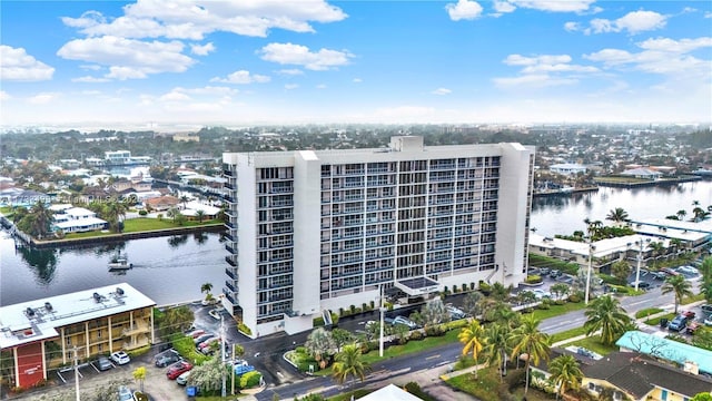 birds eye view of property featuring a water view