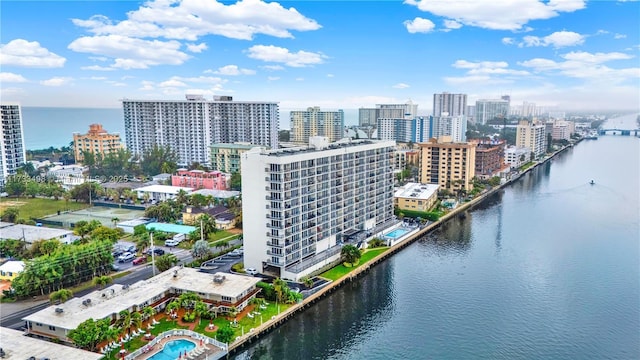 drone / aerial view featuring a water view