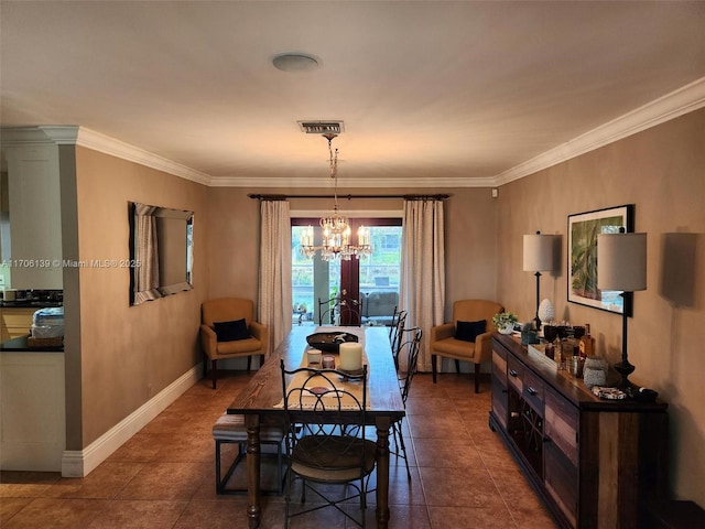 tiled dining space featuring crown molding and an inviting chandelier