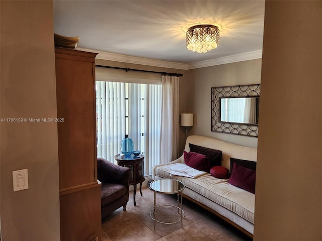 tiled living room featuring crown molding