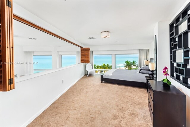 carpeted bedroom with a water view