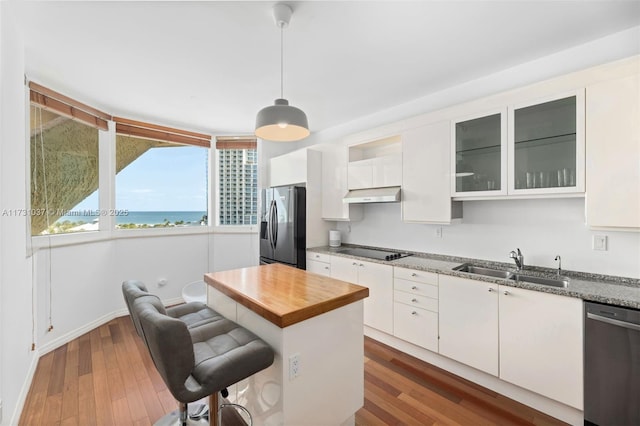 kitchen featuring pendant lighting, sink, appliances with stainless steel finishes, a water view, and white cabinets