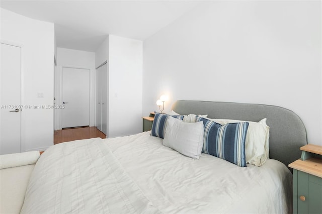 bedroom with wood-type flooring and a closet