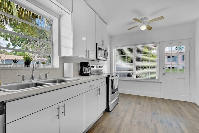 kitchen with sink, white cabinets, decorative backsplash, light hardwood / wood-style floors, and stainless steel appliances