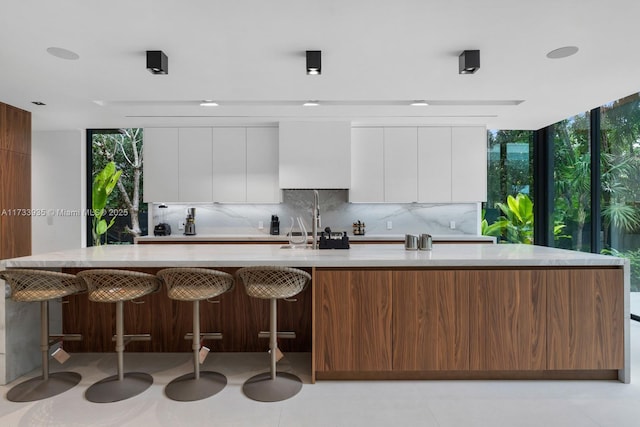 4040 Kiaora St, Miami, FL 33133 - kitchen with modern cabinets, backsplash, light countertops, white cabinetry, and floor to ceiling windows
