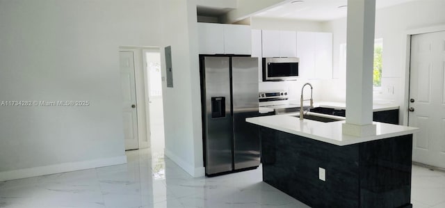 kitchen with sink, white cabinets, a kitchen island with sink, electric panel, and stainless steel appliances