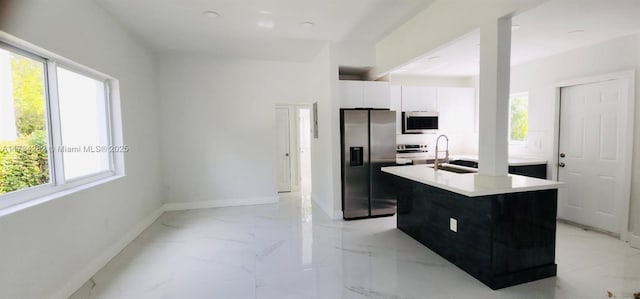 kitchen featuring appliances with stainless steel finishes, sink, a center island with sink, and white cabinets