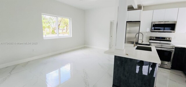 kitchen featuring stainless steel appliances, tasteful backsplash, sink, and white cabinets