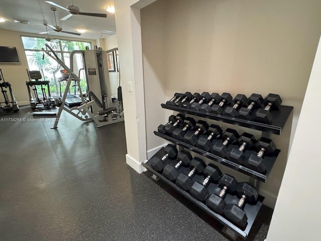 gym featuring ceiling fan