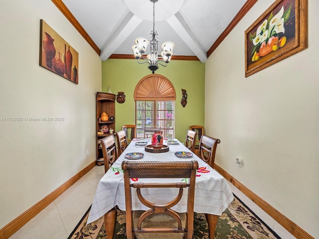 dining area featuring lofted ceiling, light tile patterned floors, crown molding, and a chandelier