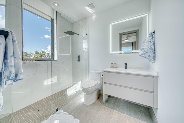 bathroom featuring a shower with door, vanity, and toilet