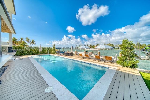 view of swimming pool with a deck with water view