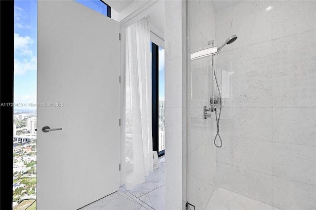 bathroom featuring a healthy amount of sunlight and tiled shower