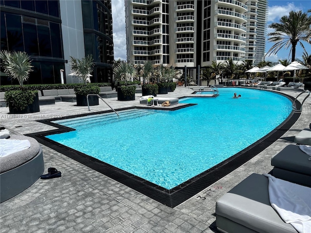 view of swimming pool featuring a patio area