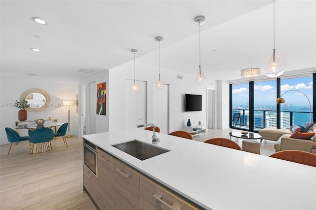 kitchen featuring pendant lighting, sink, floor to ceiling windows, stainless steel microwave, and light wood-type flooring