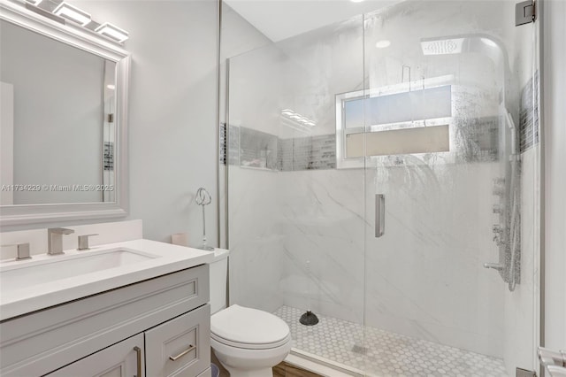 bathroom featuring a shower with door, vanity, and toilet