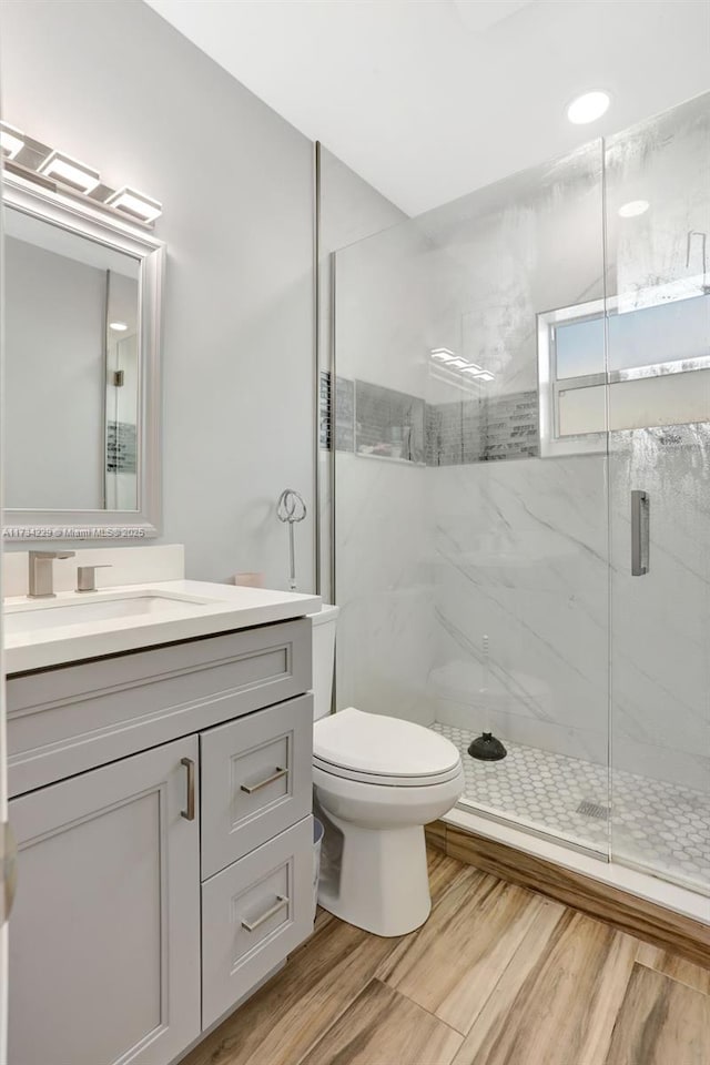 bathroom with a shower with door, vanity, and toilet