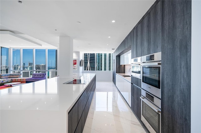 kitchen featuring sink, stainless steel double oven, and a spacious island