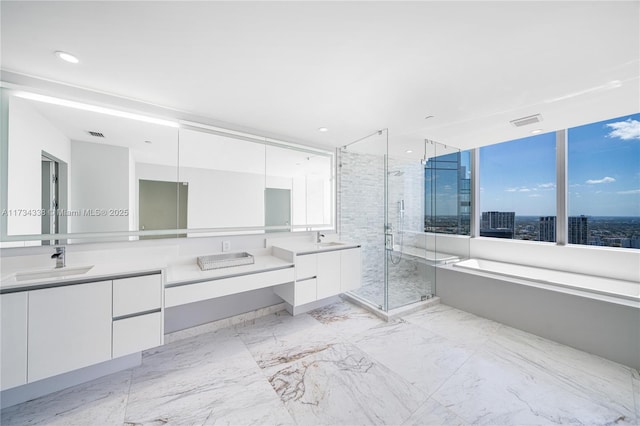 bathroom featuring vanity and a shower with shower door