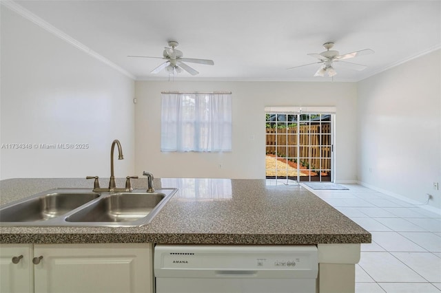 kitchen with sink, light tile patterned floors, ceiling fan, white dishwasher, and crown molding