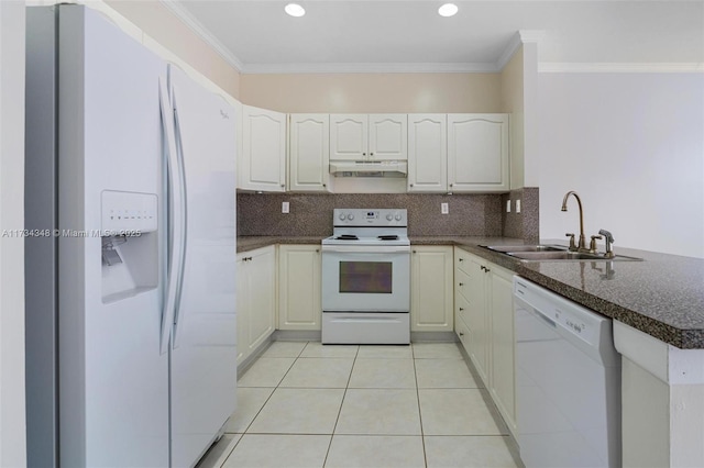 kitchen with sink, white cabinetry, crown molding, kitchen peninsula, and white appliances