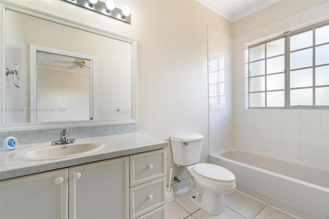 full bathroom featuring crown molding, vanity, toilet, and shower / bathing tub combination