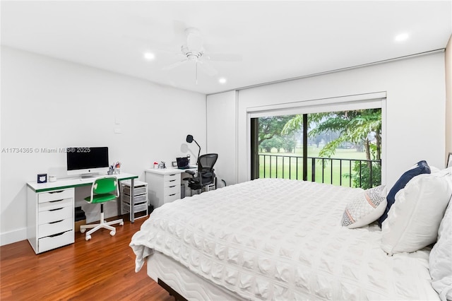 bedroom with hardwood / wood-style flooring, access to outside, and ceiling fan