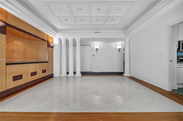 hallway with ornate columns, light tile patterned flooring, coffered ceiling, and crown molding