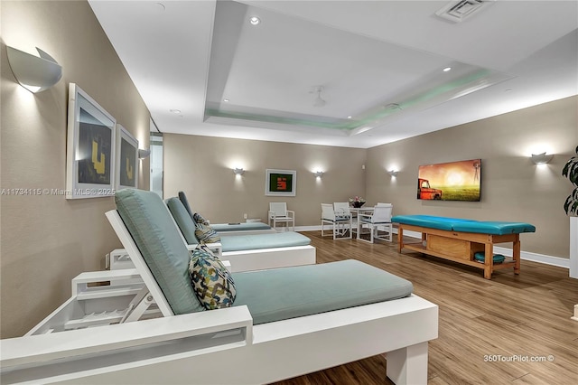 cinema featuring a raised ceiling and hardwood / wood-style flooring