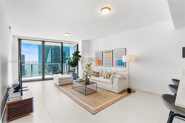 tiled living room with expansive windows