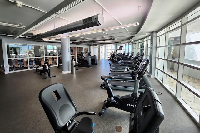 workout area featuring expansive windows and ornate columns