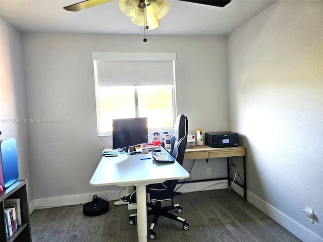 home office with ceiling fan, dark wood-style flooring, and baseboards