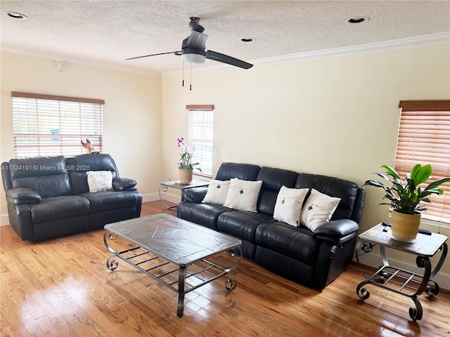 living room featuring hardwood / wood-style flooring, ceiling fan, ornamental molding, and a textured ceiling