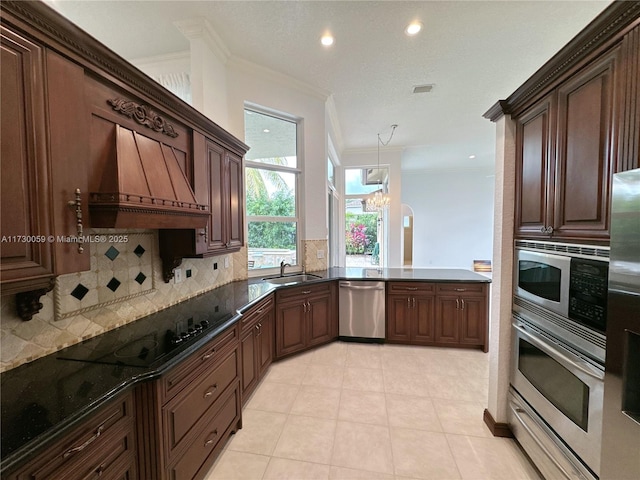 kitchen with sink, crown molding, premium range hood, appliances with stainless steel finishes, and backsplash