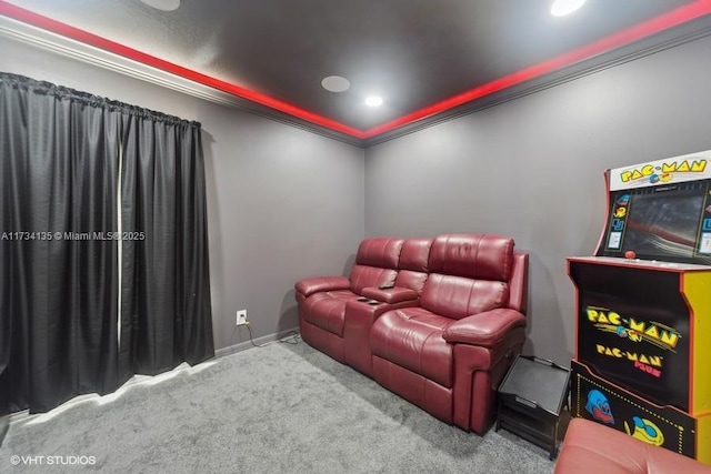 cinema room featuring carpet flooring, recessed lighting, crown molding, and baseboards