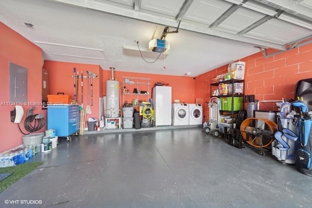 garage with electric panel, freestanding refrigerator, gas water heater, a garage door opener, and independent washer and dryer