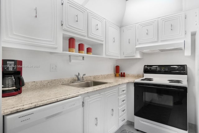 kitchen with sink, white cabinetry, ventilation hood, electric range, and white dishwasher