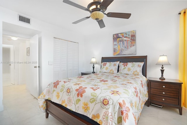 bedroom featuring ceiling fan and a closet