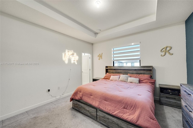 bedroom featuring a raised ceiling and carpet flooring