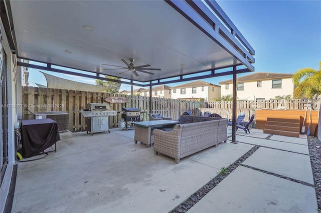 view of patio with a grill, outdoor lounge area, and ceiling fan