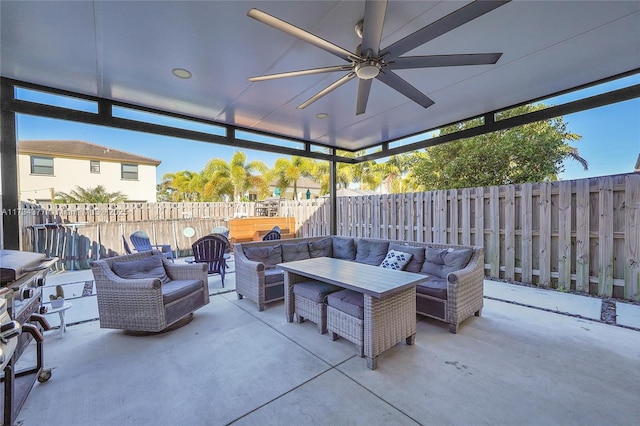 view of patio featuring an outdoor living space and ceiling fan