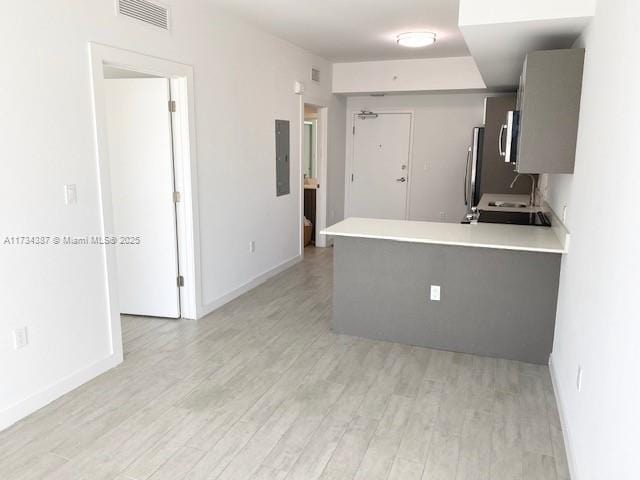 kitchen with gray cabinets, electric panel, kitchen peninsula, stainless steel appliances, and light hardwood / wood-style flooring