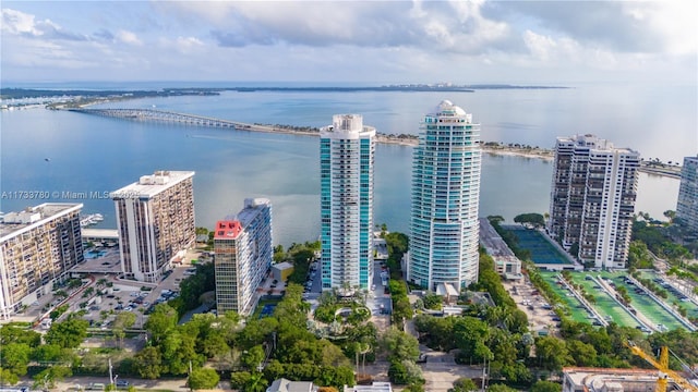 drone / aerial view with a water view