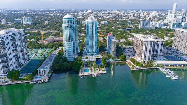 drone / aerial view featuring a water view