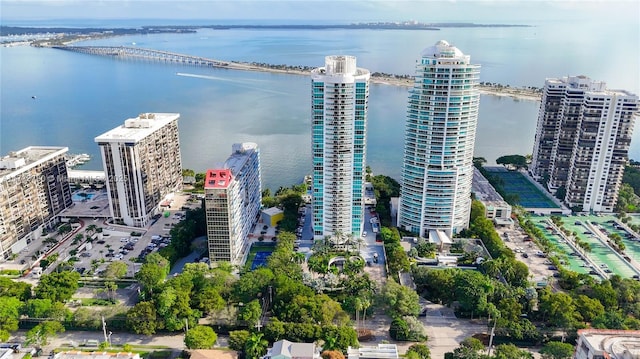 birds eye view of property featuring a water view