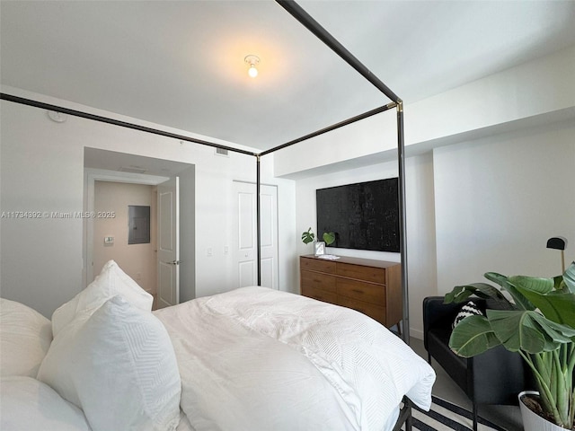 bedroom featuring electric panel and a closet