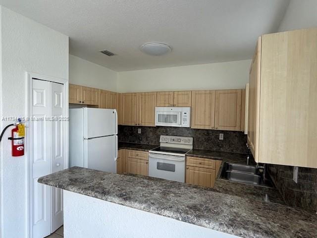 kitchen with white appliances, decorative backsplash, dark countertops, a peninsula, and a sink