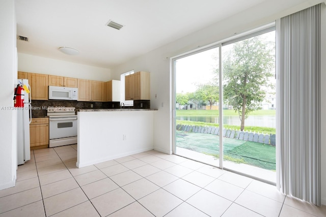 2818 SE 16th Ave Unit 118, Homestead, FL 33035 - kitchen with white appliances, a water view, dark countertops, light brown cabinets, and tasteful backsplash