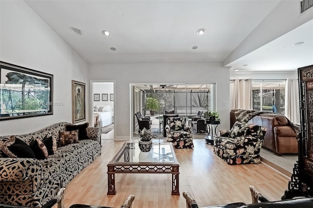 living room featuring lofted ceiling, a healthy amount of sunlight, and light wood-type flooring